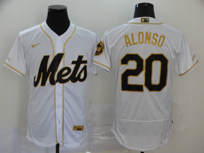 Men New York Mets 20 Alonso White Retro gold character Nike Elite MLB Jerseys